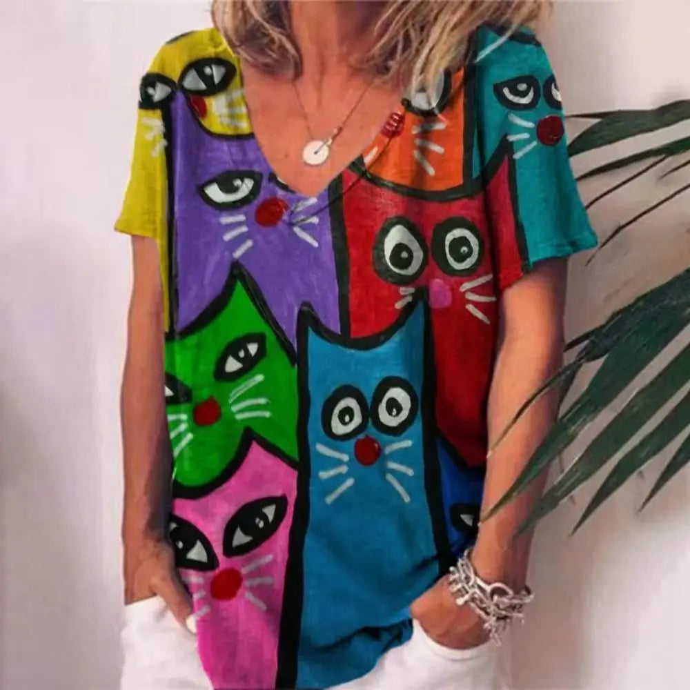 Colourful Cats V-neck Tshirt